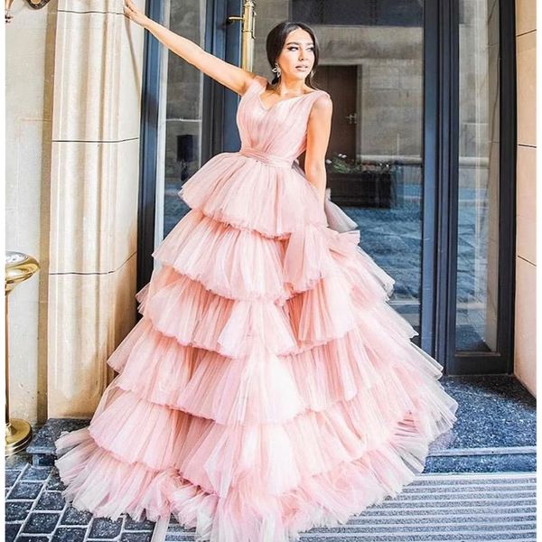 

charming v neck aline pink long prom dress tiered layers tulle girls pageant gowns, Black
