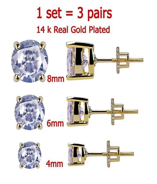 

3 pairs set 48 mm 14k gold plated cz square iced out stud earrings with safety screw back for men and women8487253, Golden;silver