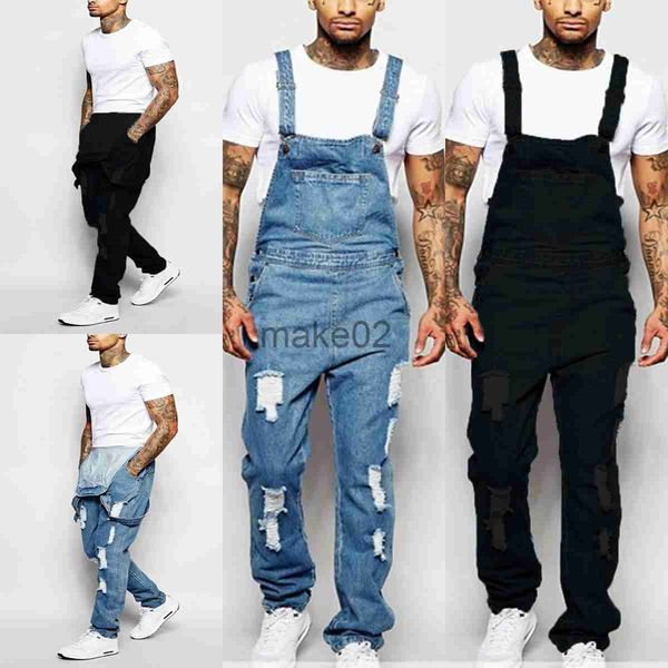 

men's jeans men's ripped denim overalls fashion full length suspender pants homme jeans high street jumpsuit distressed casual tro, Blue