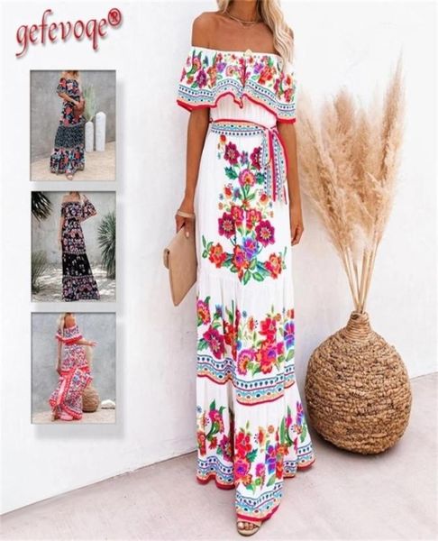 

summer print vintage long dresses for women offshoulder ruffle fashion boho party maxi dress ladies beach sundress 2203308944886, Black;gray