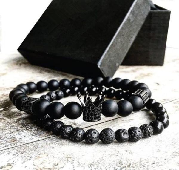 

2pcsset men woman bead bracelet crown charm bangle natural beads buddha bracelet for women and mens pulseras masculina5223835, Black