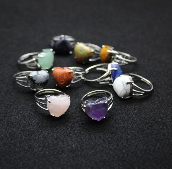 

natural stone heart rings tiger039s eye turquoise lapis pink quartz amethyst opal crystal finger ring for women jewelry5739426, Golden;silver