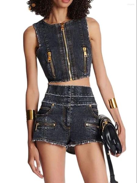 

women's tracksuits modphy summer jeans two piece set women zipper sleeveless denim crop and shorts clubwear suit, Gray