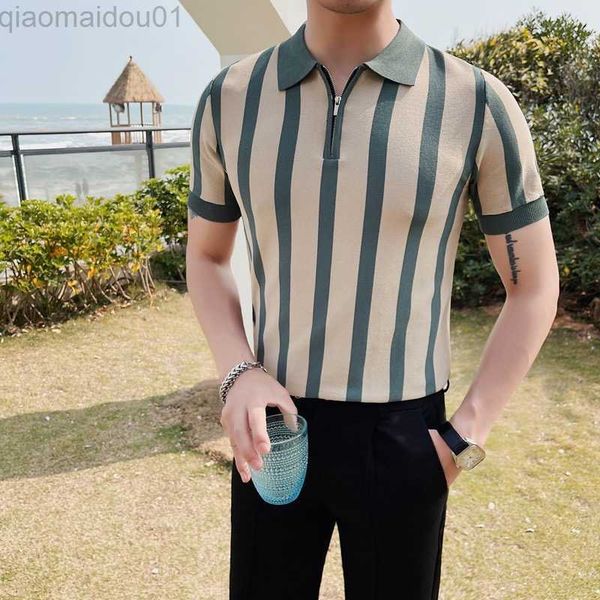

men's t-shirts high fashion personality zipper lapel casual t-shirt men's summer retro stripe color contrast knitting short sleeve, White;black