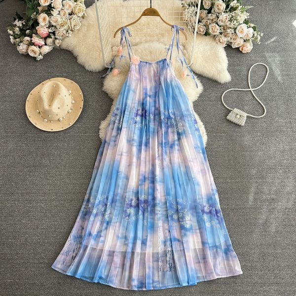 

vintage bohemian seaside resort beach long dress loose sleeveless a-line pleated oil painting printed dress, Black;gray