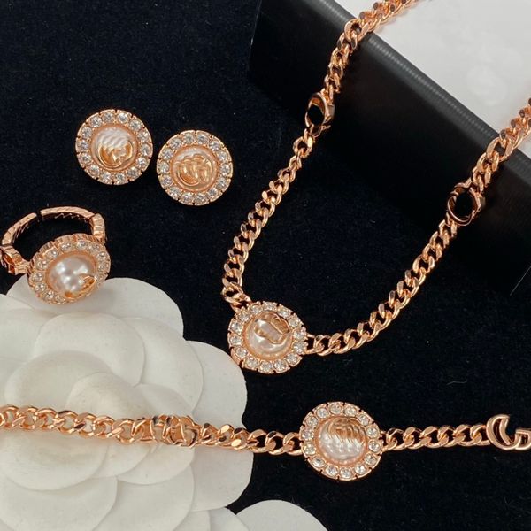 

famous brand letters studded micro inlays crystal pearls choker necklaces brass ear studs earring classic sets fashion women bracelet ring d, Black