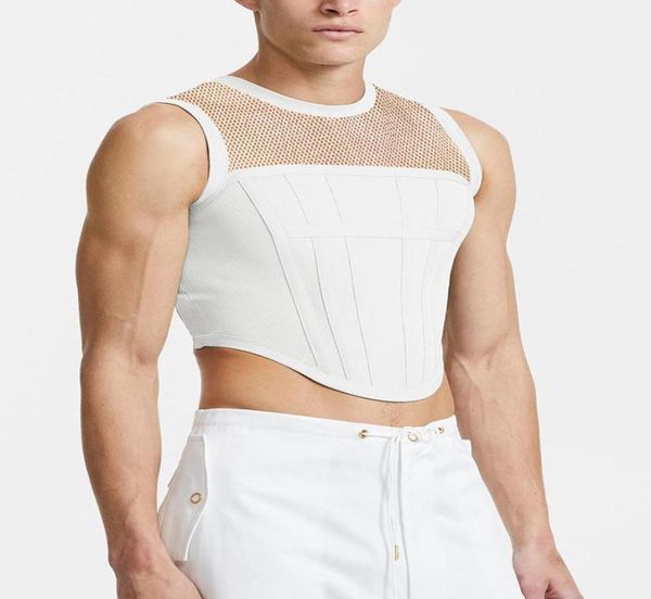 

men039s tank men slim fit casual ribbed sleeveless tshirt beach solid color splicing fishnet drop8045292, White;black