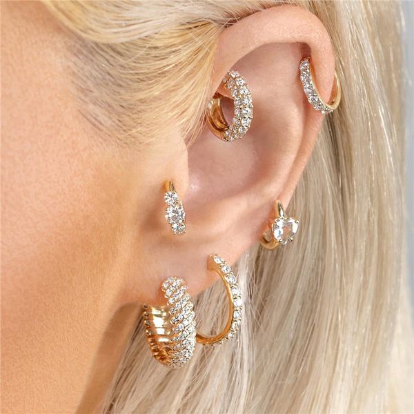 

punk cool 6pcs/set hoop earrings designer for woman 18k gold full white aaa cubic zirconia copper womens long diamond circle earring luxury, Golden;silver