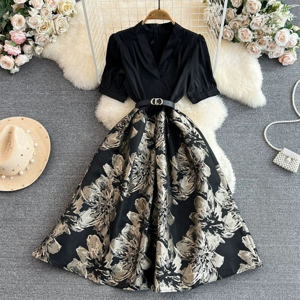 

high grade and light familiar style bubble short sleeved suit collar with waistband and slim a-line jacquard dress elegant large swing long, Black;gray