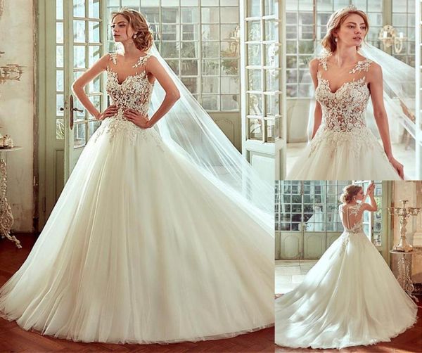 

glamorous tulle satin bateau neckline seethrough aline wedding dresses with beaded lace appliques bridal gowns vestido de noiv6839354, White