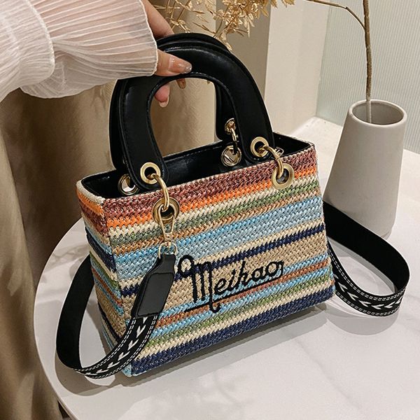 

evening bag rainbow color handbag beach bag rattan woven handmade knitted straw large capacity tote pu leather shoulder 230714
