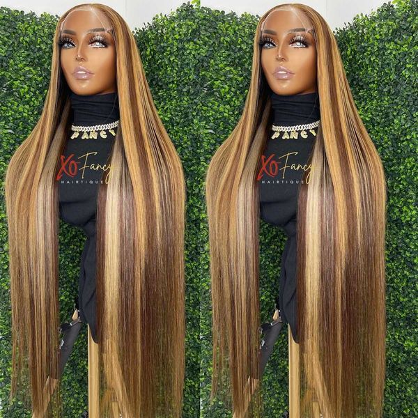 

36 inch straight highlight lace front simulation human hair 360 lace frontal wig brazilian 180% honey blonde colored wigs for women, Black;brown