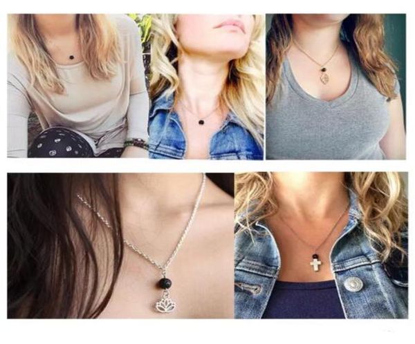 

lavarock lotus leaf cross pendant aromatherapy essential oil diffuser necklaces natural black lava bead pendant necklace fine jew9948642, Silver