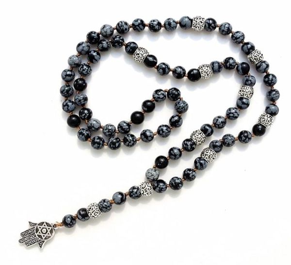 

fancy scandal long lariat necklace with 8mm natural stone beads and hamsa pendant men necklace for men mala necklace gift 2103317172433, Silver