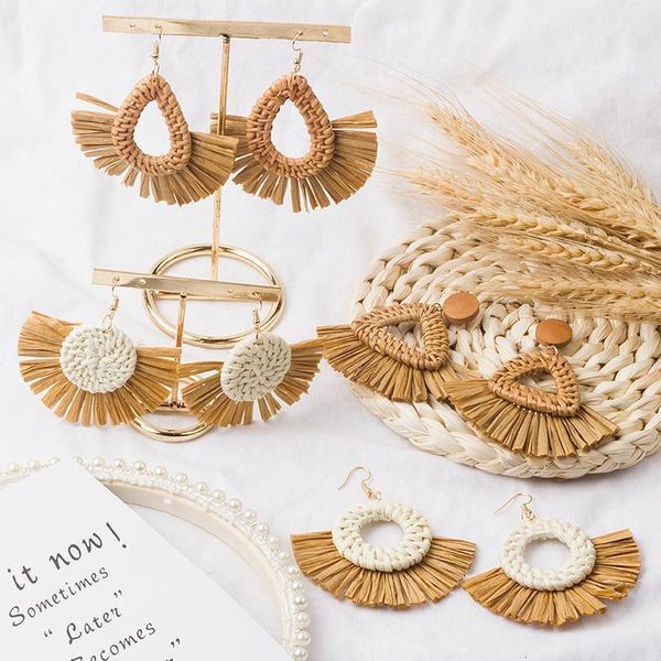 

stud bohemian raffia woven earrings vintage geometry summer beach vacation fan rattan ladies jewelry gifts 230714, Golden;silver