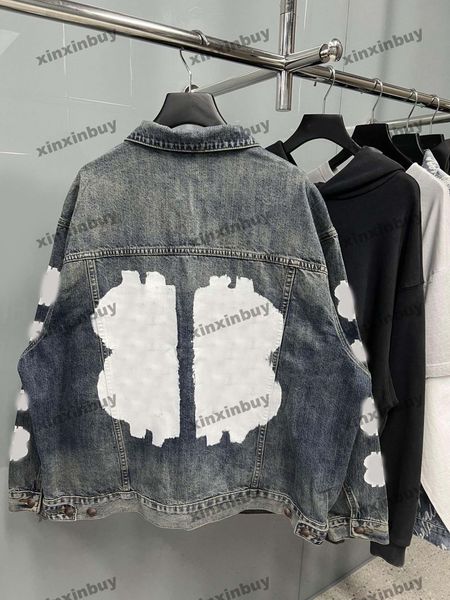 

xinxinbuy men designer coat jacket paris graffiti destroyed denim jacket long sleeve women khaki blue xs-2xl, Black;brown