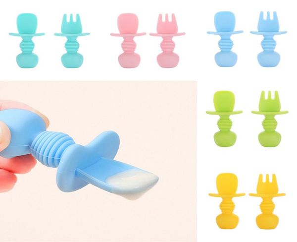 

utensil baby silicone spoon fork set feeding scoop teether tableware short handle cycle food grade ins dish plate5904014