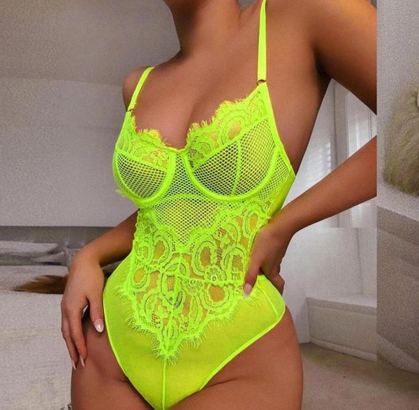 

neon green hollow out vneck lace bodysuit sleeveless one piece body feminino romantic sheer teddy fashion neon bodysuit7910149, Red;black
