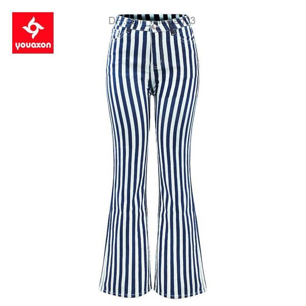 

women's jeans 2481 youaxon new eu size high waist stripe wide leg flare jeans women's elastic denim pants men's boots cut jea, Blue