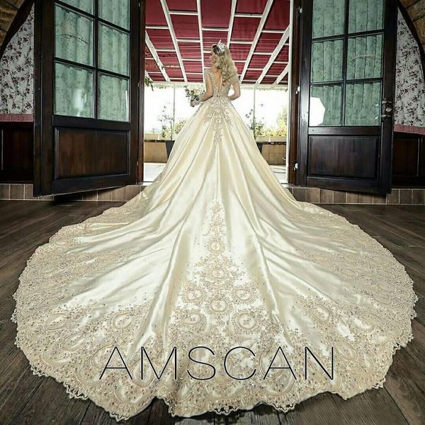 

luxury beaded pearls long sleeves ball gown wedding dresses appliques sequins taffeta arabic dubai bridal gowns chapel train robes2666, White