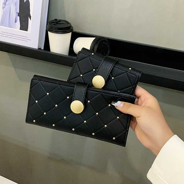 

wallet women's korean version 2023 new fashion rivet lingge trifold leather wallet large capacity card bag long zero wallet
