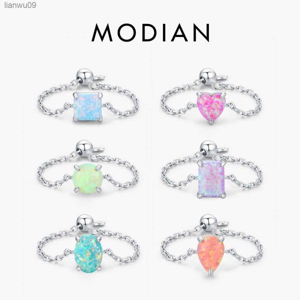 

modian pure 925 sterling silver adjustable link chain rings for women luxury colorful opal 6 geometric shape rings fine jewelry l230704, Golden;silver