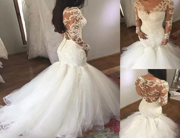 

2019 vintage sheer mermaid bridal gowns wedding dresses deep v neck long illusion sleeve button back lace appliques wedding dress3132788, White