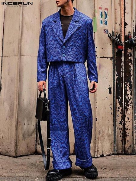 

men s tracksuits incerun 2023 men sets printing autumn loose lapel long sleeve crop blazer pants 2pcs streetwear fashion casual suits s 5xl, Gray