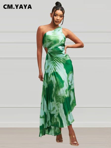 

urban dresses cm.yaya women tie dye print sleeveless one shoulder pleated maxi long dress beach holiday club evening dresses vestidos 230713, White;black