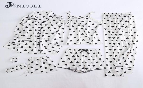 

jrmissli 7 piece silk pijamas mujer night suit pyjamas women pajama set pajamas pyjama femme love heart print pijama sleepwear1520931, Black;red