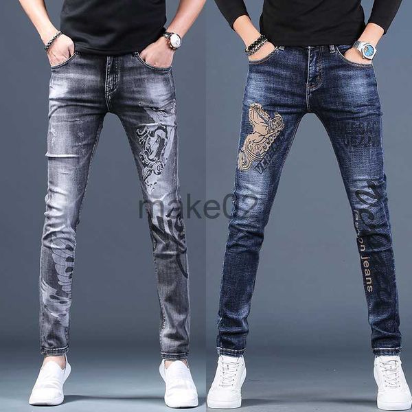 

men's jeans mens light luxury print denim pantsstretch slim jeans pants korea version street fashion scratched casual jeans x0714, Blue