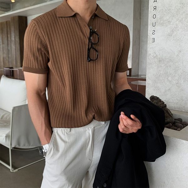 

men's polos summer solid color knit polo shirt men fashion ribbed lapel short sleeve streetwear male casual clothes m-3xl 230713, White;black