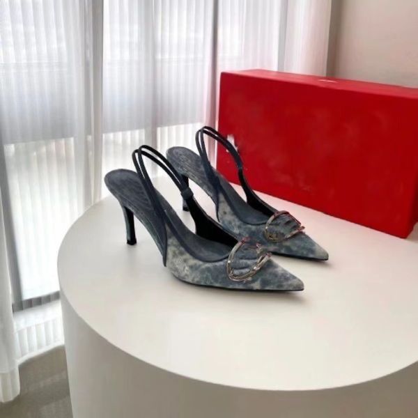 

2023 summer new high-heeled shoes celebrity pointed shallow mouth stiletto metal buckle denim back empty single shoes women, Black