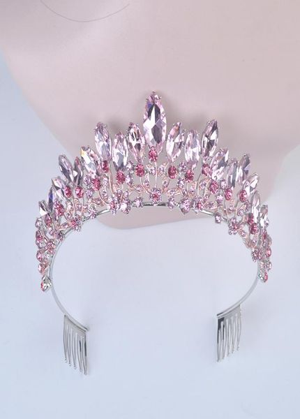 

new fashion baroque luxury pink crystal bridal crown tiaras women diadem tiaras for girl bride wedding hair accessories y2008074391141, White;golden