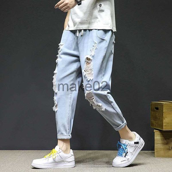 

men's jeans mens summer ripped harem jeansloosefit hip hop anklelength scratched washed denim pantsyouth fashion must x0714, Blue