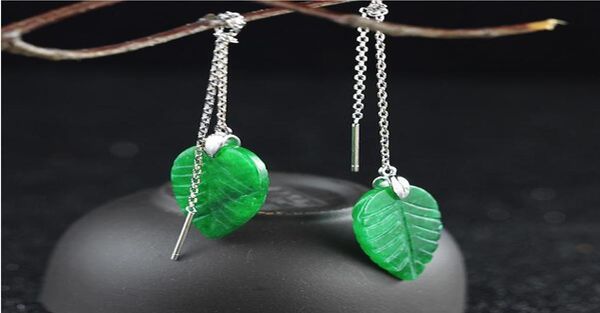 

green jade earrings for women 925 sterling silver earrings fashion plant carving fine long ear chain leaf gemstone jewelry8848135, Golden;silver