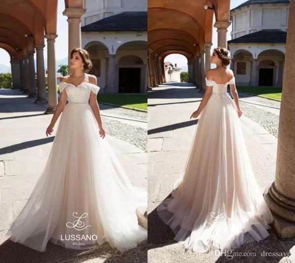 

simple castle elegant light champagne beach wedding dresses off shoulder lace appliques corset back bridal gowns custom made3714987, White