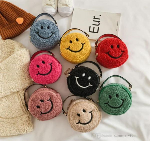 

ins girls fleece circular handbag children smile embroidered messenger bags kids single shoulder princess bag a80197870971, Black