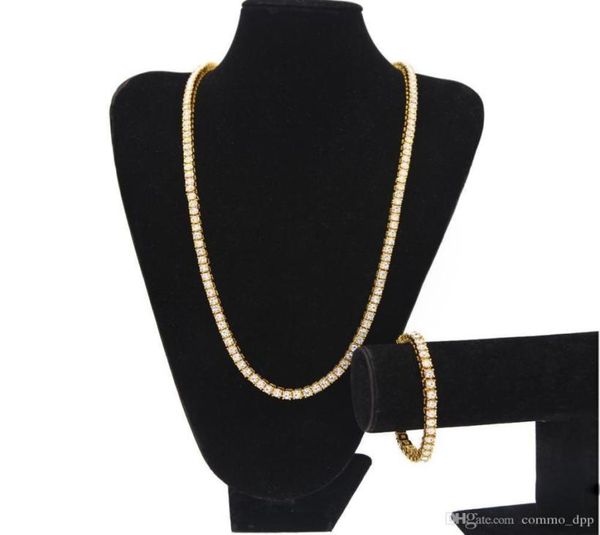 

iced out 1 row rhinestones chains jewelry sets men s bling clear simulated diamond bracelet necklace set for male hip hop7987889, Silver