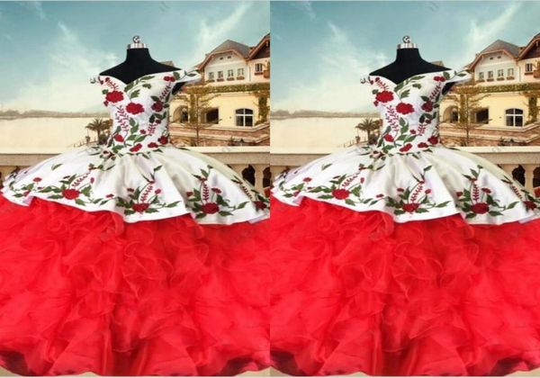 

2023 vintage embroidered quinceanera dresses ball gown off the shoulder ruffles organza satin sweet 16 girls prom pageant dress8606494, Blue;red