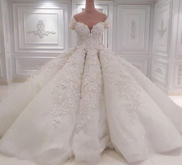 

luxury off shoulder crystal 2020 wedding dresses full lace beaded sequins bridal gowns vintage ball gown plus size robes de bal5218440, White