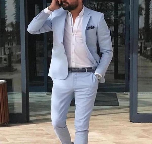 

sky blue linen beach men suits 2021 summer 2 piece slim fit groom tuxedo for wedding new male fashion jacket with pants3985006, Black;gray
