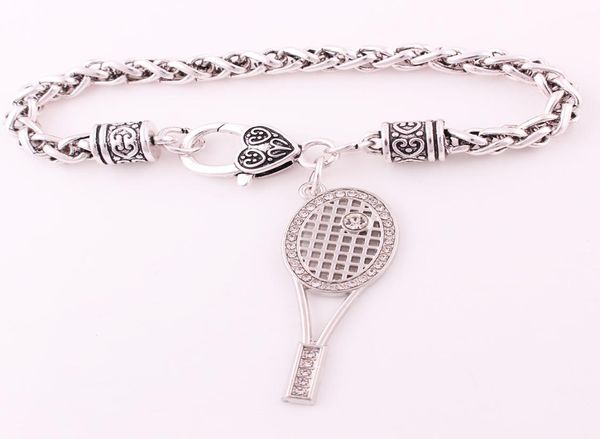 

silver color sporty style tennis racket ball charm pendant with sparkling crystals wheat leather bracelet jewelry1424967, Golden;silver