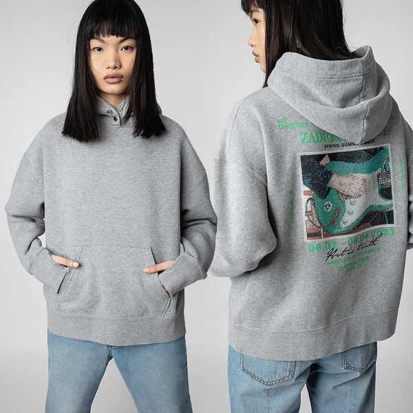 

23 early autumn new french zadig voltaire guitar white ink digital printing diamond fleece women's hooded sweater, Black