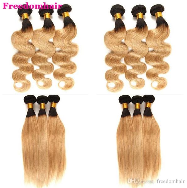 

t1b27 ombre brazilian body wave straight hair 34 bundles deals blonde ombre peruvian human hair extensions remy human hair weave6586182, Black
