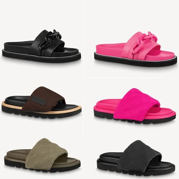 

designer female pool pillow comfort flat sandals pantoufle luxury outdoor beach leather rubber soft sole mens slide slippers, Black