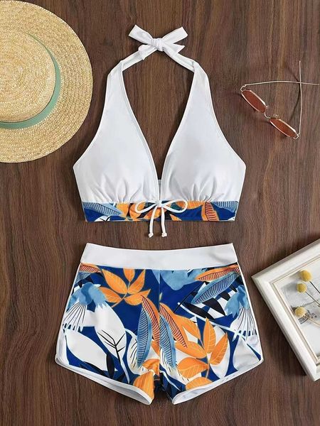 

women's tropical print tie backless halter bikini swimsuit, Black