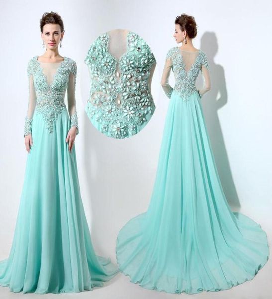 

elegant long sleeve prom dresses sheer neck see through back beaded applique floor length chiffon formal evening party gowns7630356, Black