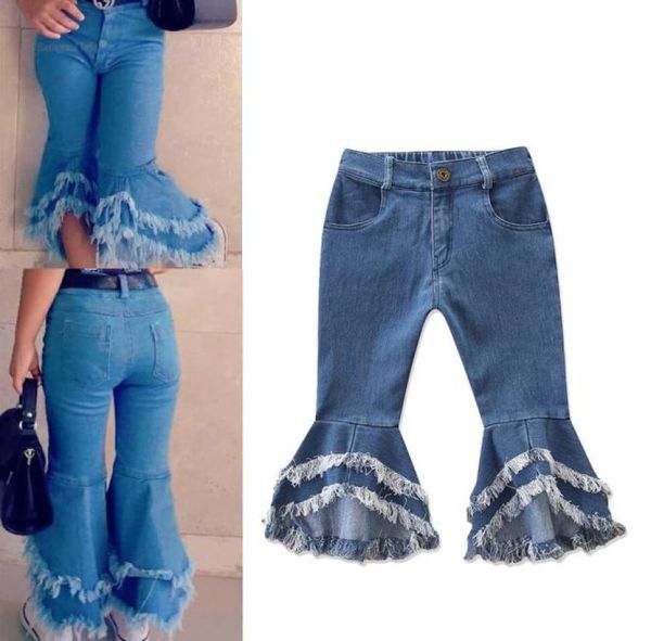 

baby girls denim lace tassel trim ruffle bell bottom design pants cute fashion kids vintage flares bellbottomed pants lj2008316566509, Blue