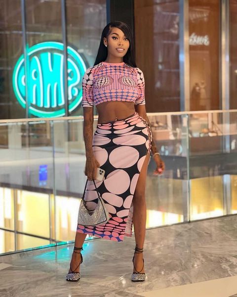 

2023ins fashion trend mid sleeve printed two piece split dress, White